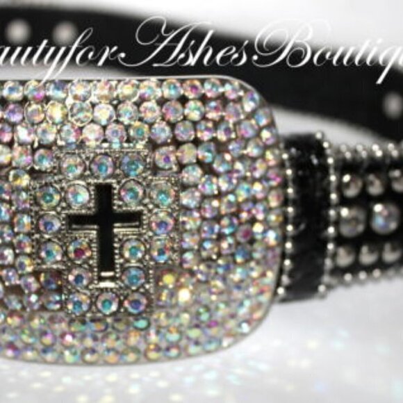 Western Black Bling Cross Belt & Buckle Aurora Borealis AB Crystal Accent ML - Picture 3 of 11